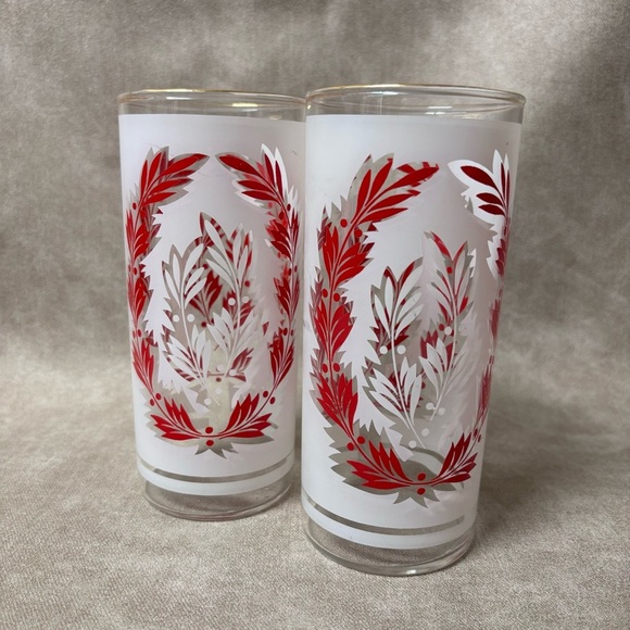 2 MCM Vintage Red Gold Leaf Frosted Tall Glasses Tumblers - Picture 2 of 4